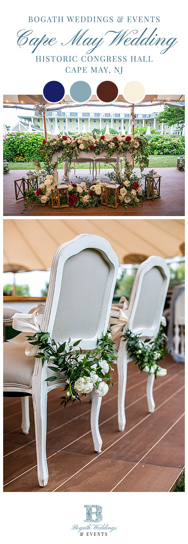 This recap of Ashley and Rob's Congress Hall wedding is not one to miss. Full of stunning details, florals and gorgeous vintage furniture for cocktail hour, this tented reception on the Great Lawn at Congress Hall in Cape May, NJ will leave you swooning. Photos by Ann Coen Photography
